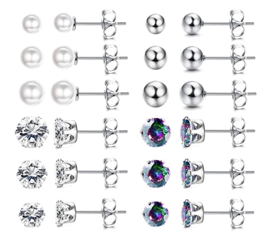 Round Faux Pearl Crystal CZ Ball Stud Earrings