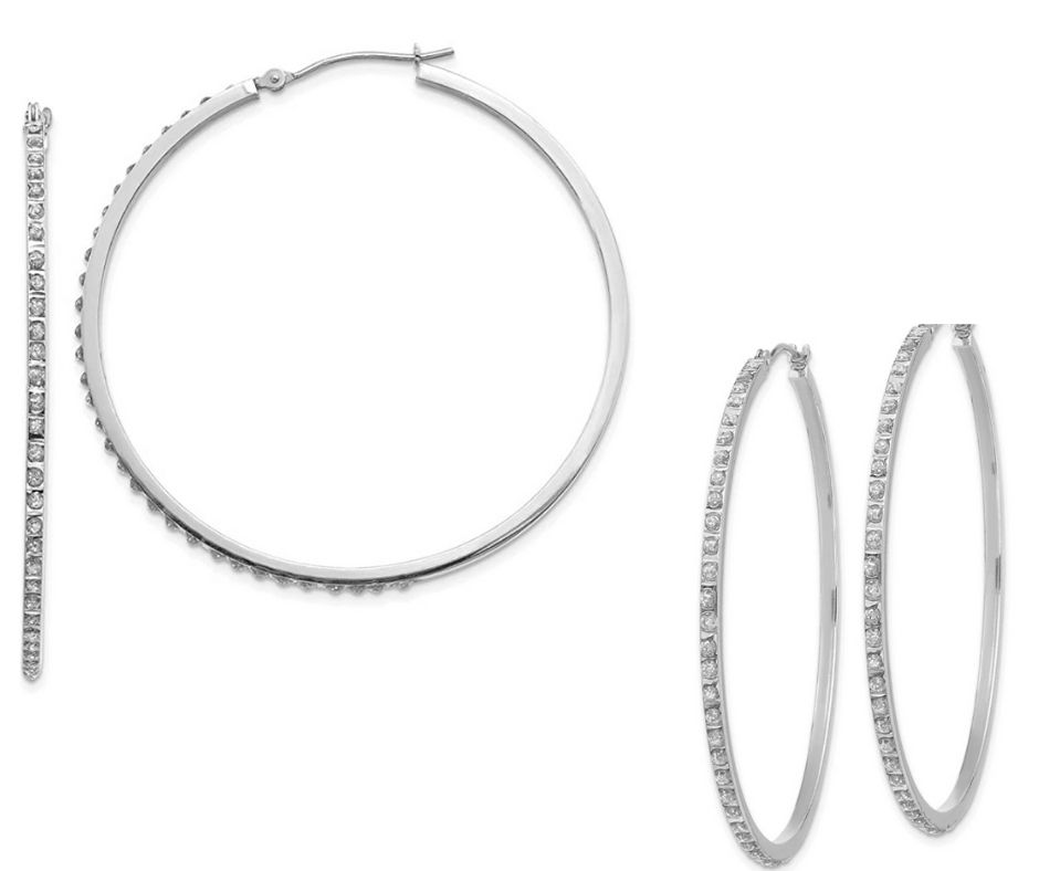 14k White Gold In & Out Diamond Fascination Large Round Hinged Hoop Earrings