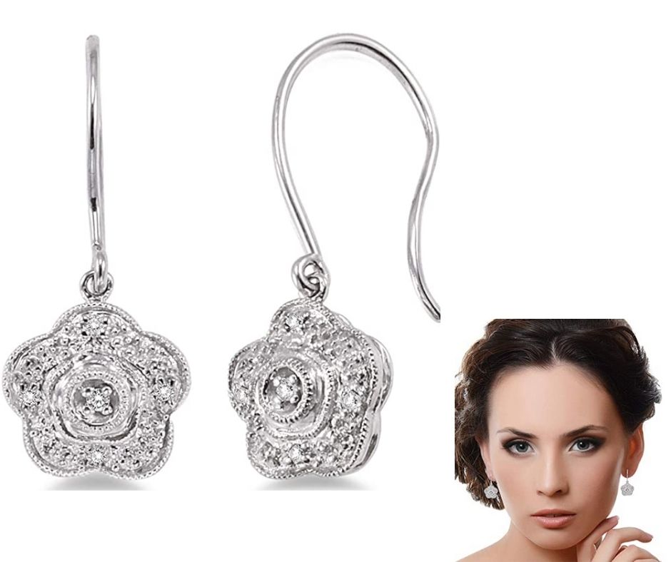 Evoque Sterling Silver And Diamond Flower Earrings