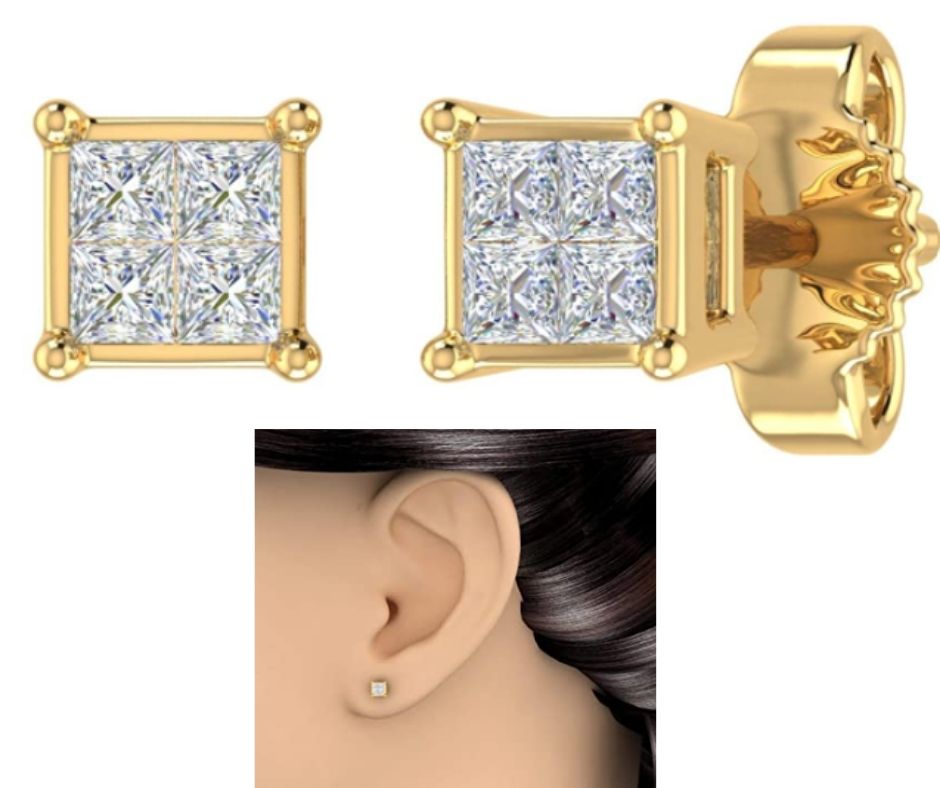 Fine rock’s Invisible Set Princess Cut Diamond Stud Earrings
