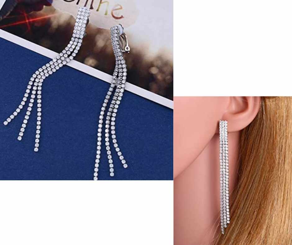 Crystal Long Drop Dangle Tassel Clip On Earrings