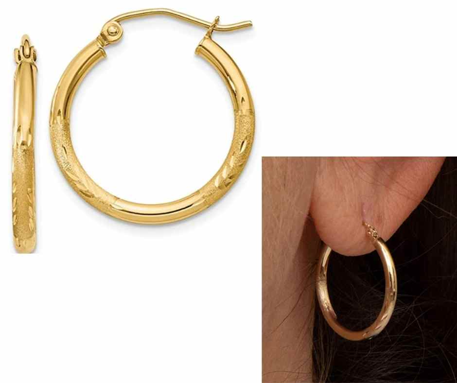 14k Yellow or White Gold Diamond Cut Hoop Earrings