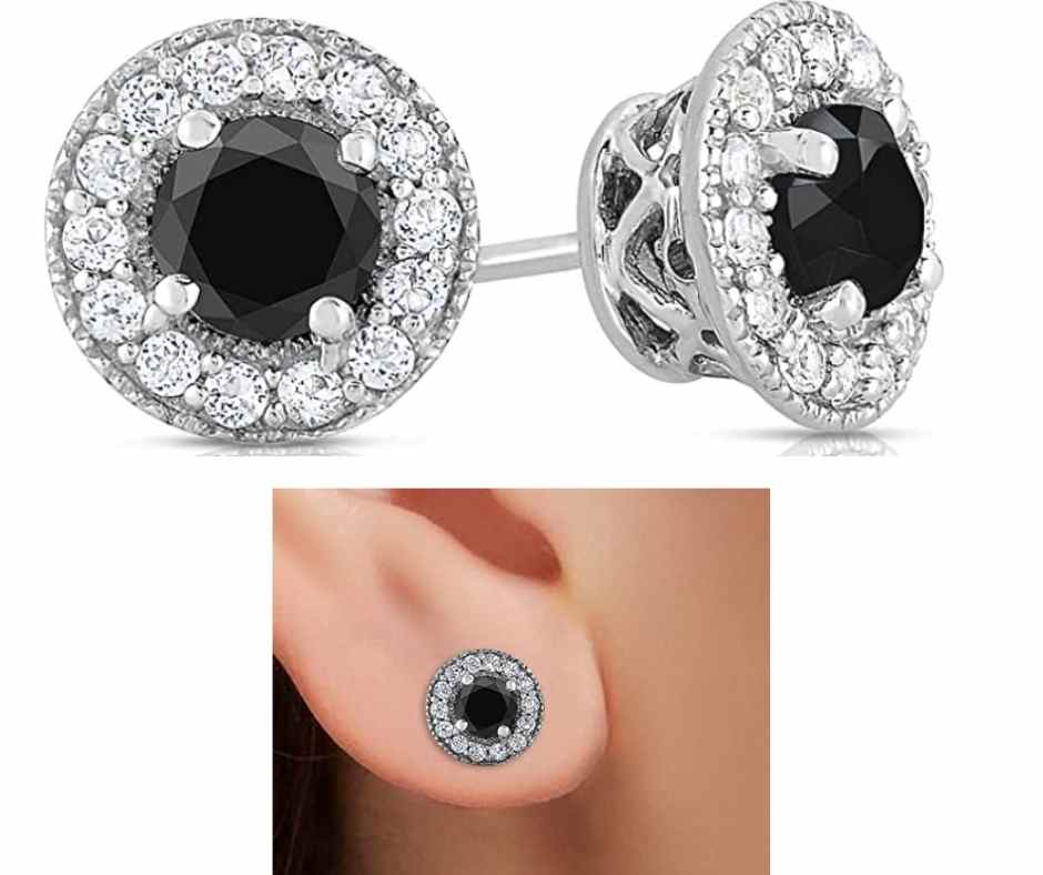 Black Diamonds and White Topaz Halo Stud Earrings
